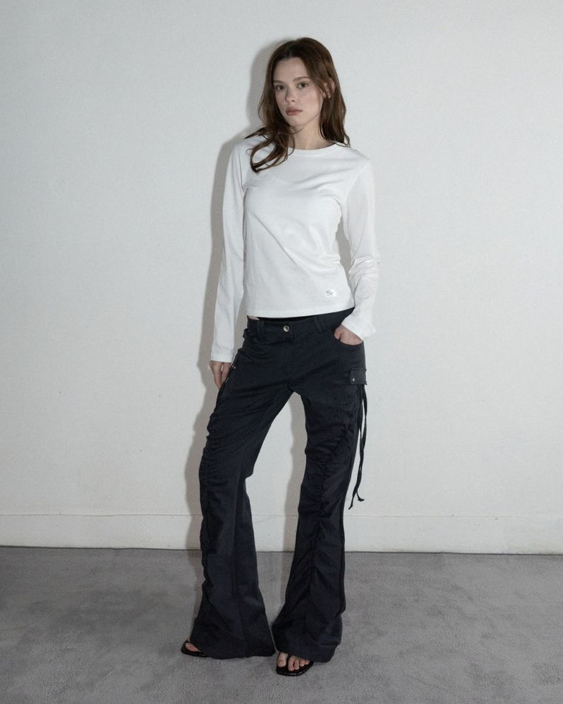 Shirring Cargo Bootcut Pants Black