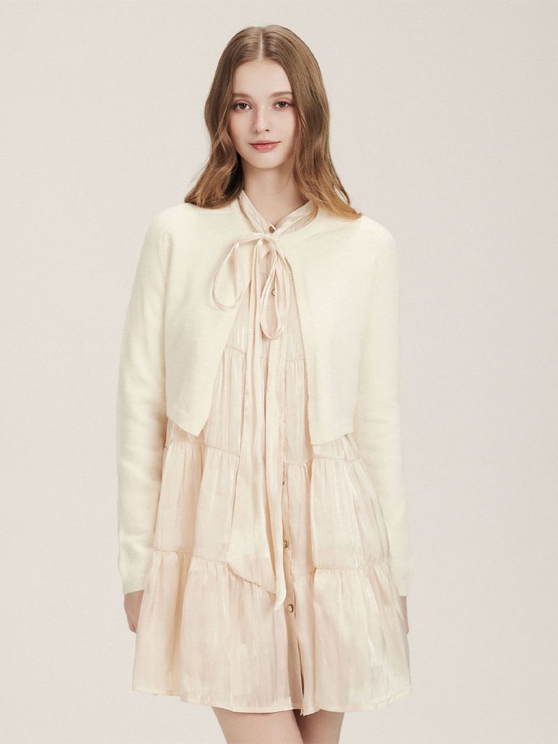 Peach puff ribbon neck shirt button dress