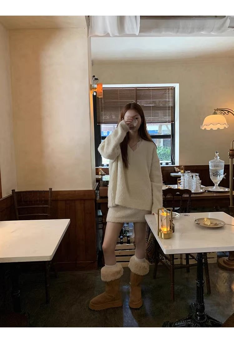 Cloud V-neck Knit Skirt Two-piece