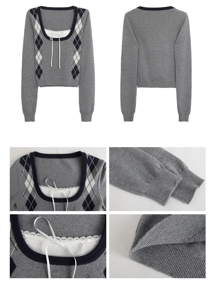 Argyle Square Neck Long Sleeve Knit T-shirt