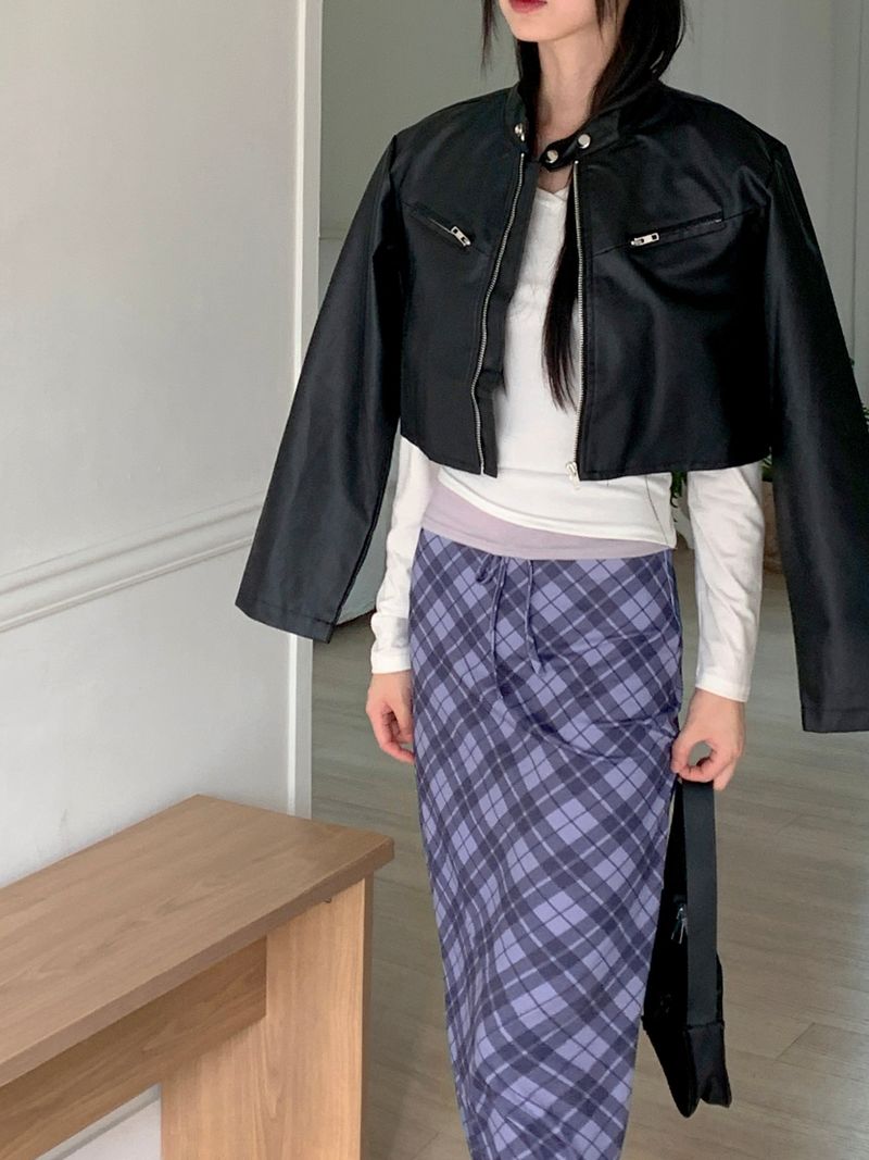 Shabin Vintage Y2K Check Pattern Ribbon Long Skirt