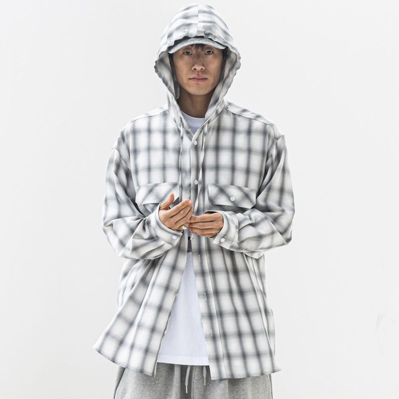 MASSNOUN(マスノウン)の「RELAX LEATHER ORNAMENT HOODY CHECK LONG SHIRTS MSFST002-BK(Tops)」