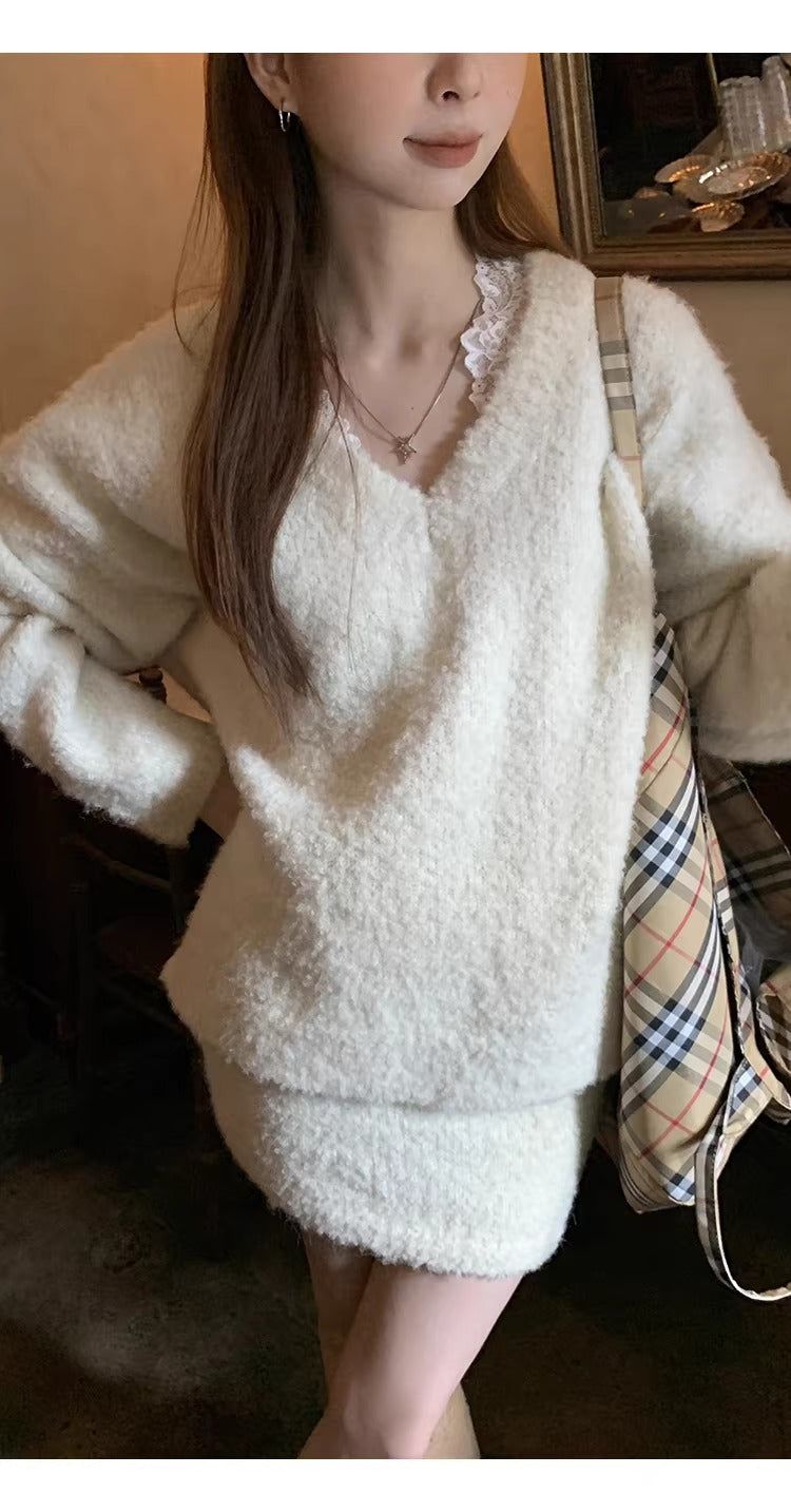 Cloud V-neck Knit Skirt Two-piece