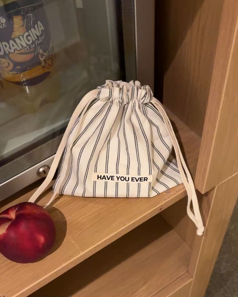 Pattern string pouch - beige stripe , S size