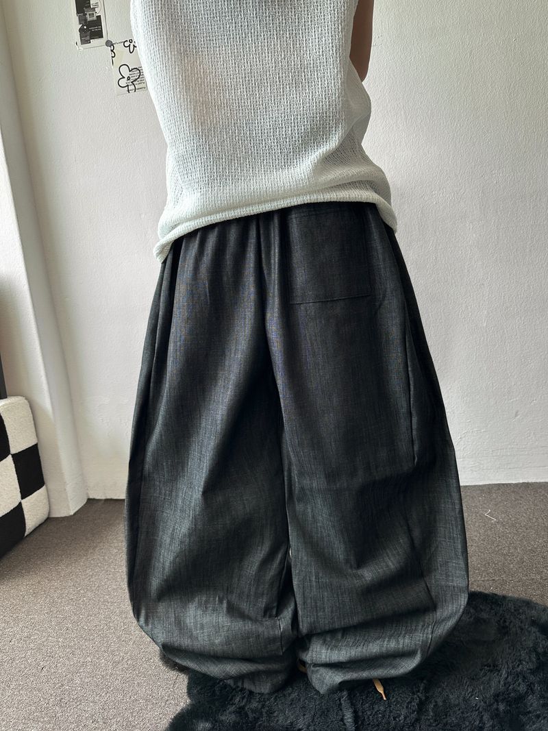 Lever Side Panel Elastic Waist Raw Denim Pants 2color