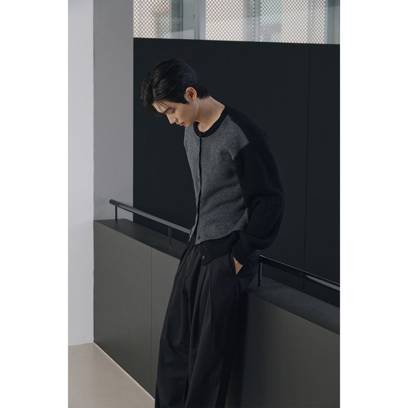 Layered wool knit cardigan(Black)