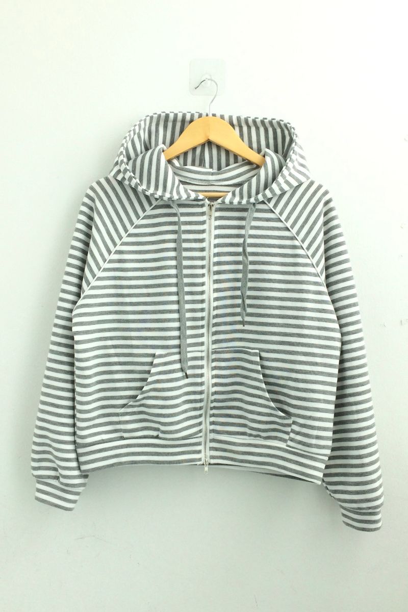 Stripe Semi-Crop Hooded Zip-Up