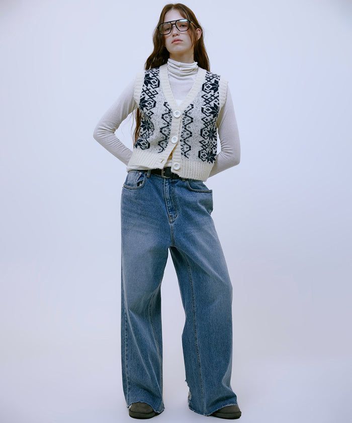 Distressed Wide Denim Pants (BLUE)