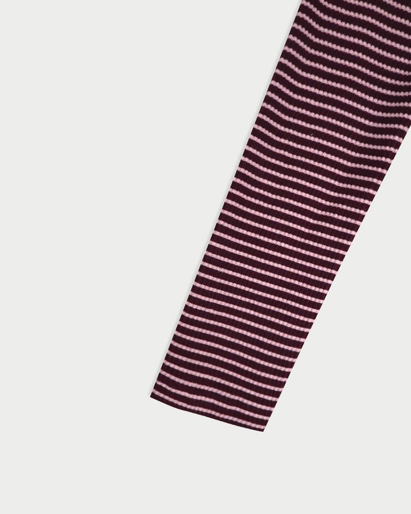 ストライプボタンTシャツ_ワイン