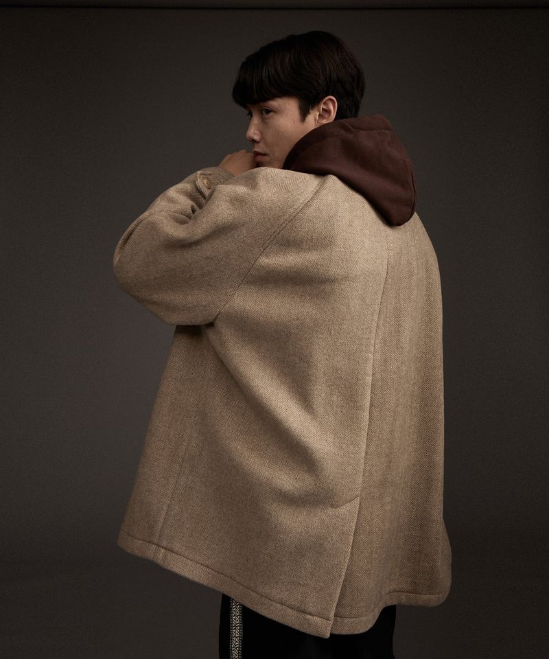 BALMACAAN HERRINGBONE WOOL CASHMERE HALF COAT BEIGE