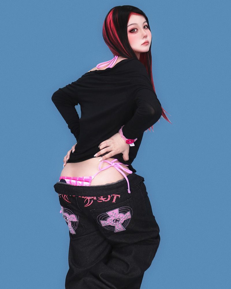 pink stone black denim pants