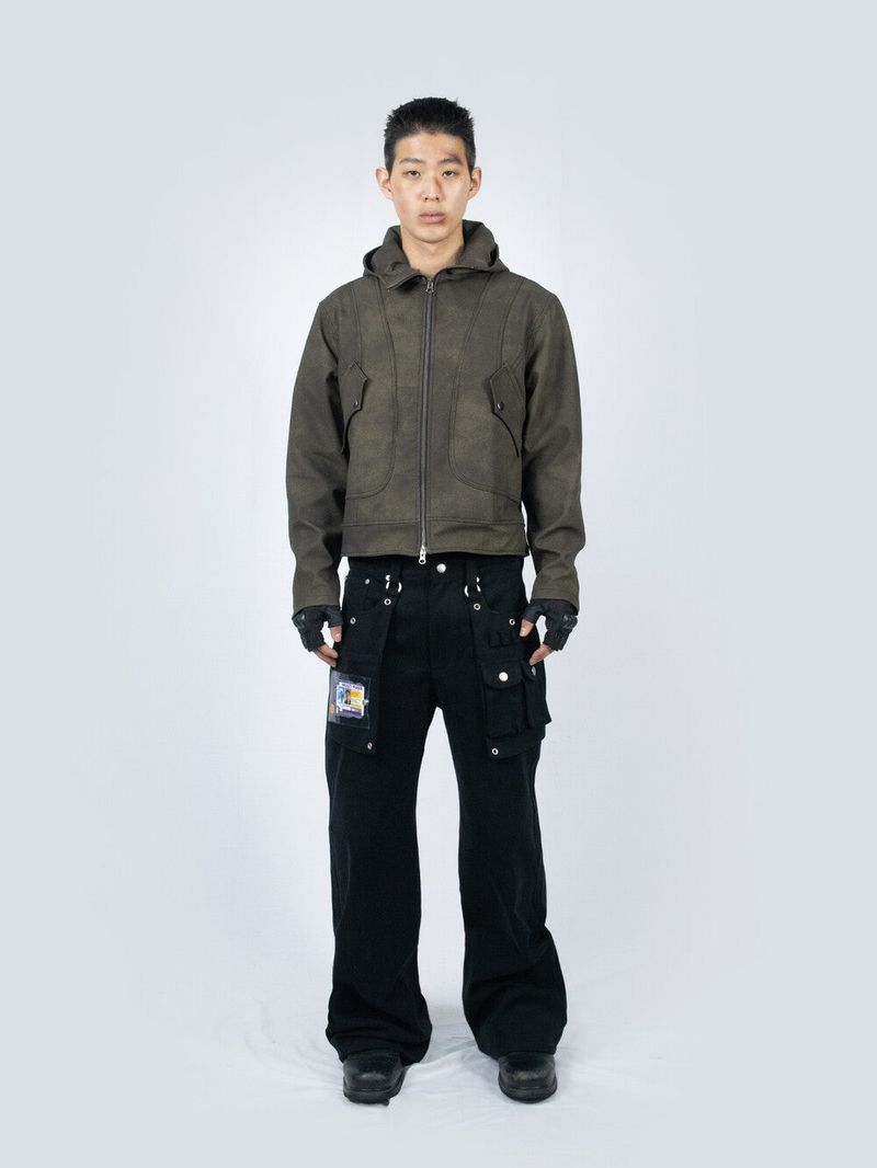 Curved Hood Leather Jacket (Khaki Black)