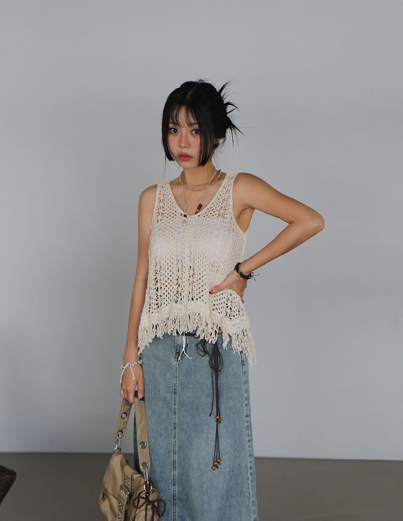 Crochet Fringed Knit Sleeveless