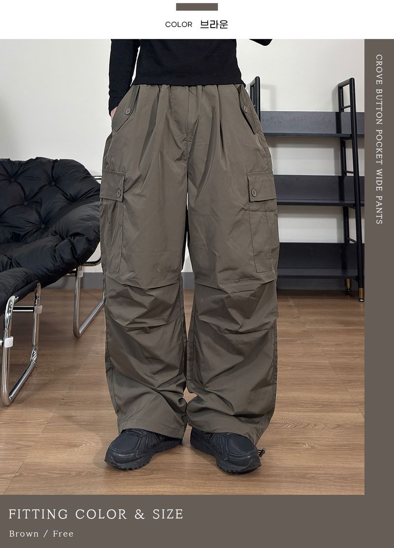 Cropped Button Pocket Wide Pants