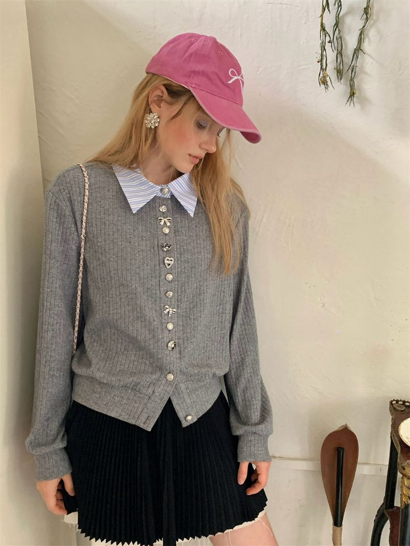 Brooklyn Silver Grey Button Craft Stripe Collar Knit Cardigan