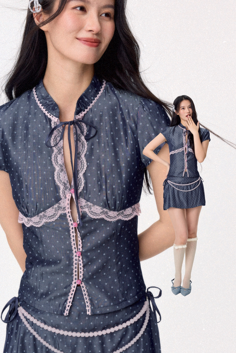 RedBean（レッドビーン）の「Sweetheart Cheongsam Top (Navy)（Tops）」