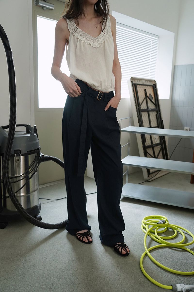 Linen belted pants_navy