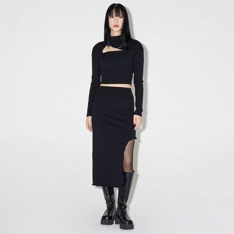 サイドオフミディアムスカート / Side-off Midi Skirt [BLACK]