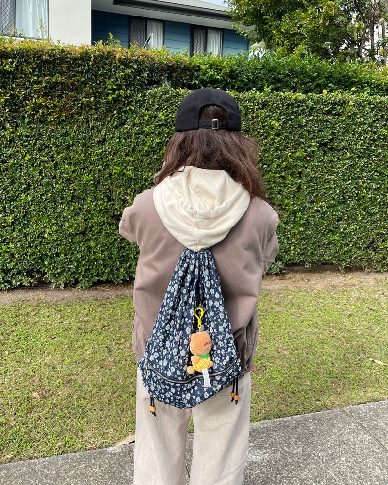 Floral denim string backpack_dark blue