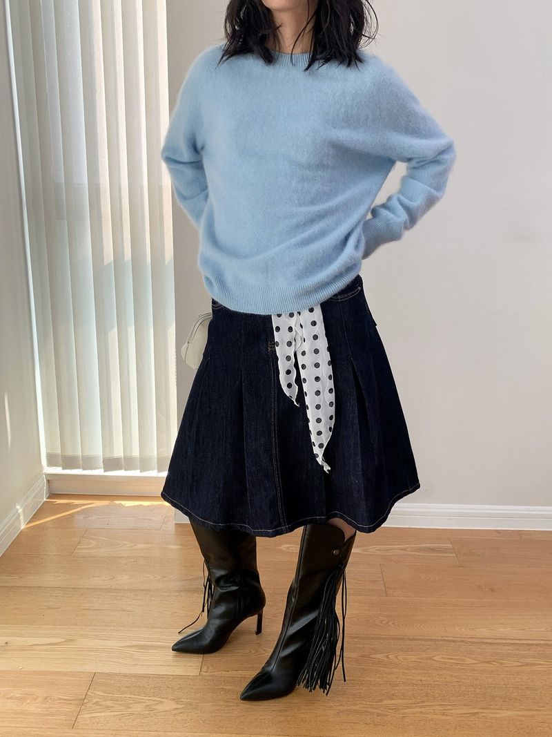 Dark blue raw cotton flared pleats midi skirt