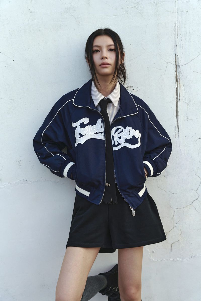 GUBIN（グビン）の「(W) CROP BIG LOGO PIPING BLUESON - NAVY（Jackets/Outerwear）」