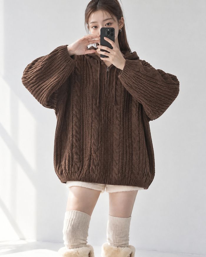 (UNISEX) Follow Half Zip Cable Knit Hoodie