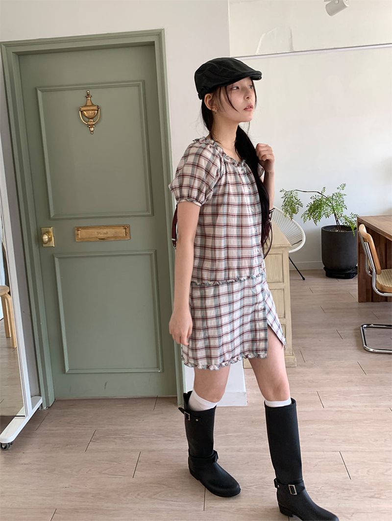 SAGE CHECK FRILL DRESS (2C)