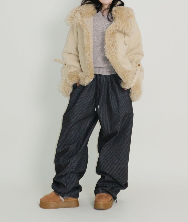 Terry Stripe Banding Carpenter Wide Denim Pants (for all four seasons)