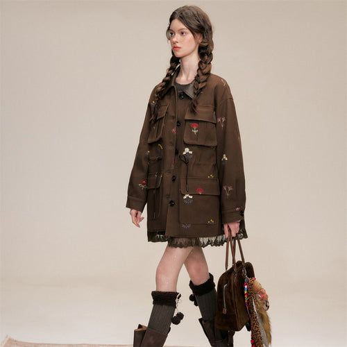Floral Embroidery Cotton Cargo Jacket