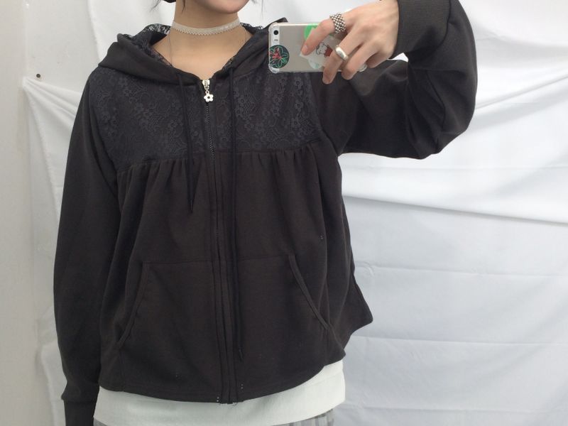 Flower Lace Half-Shirring Hooded Zip-Up