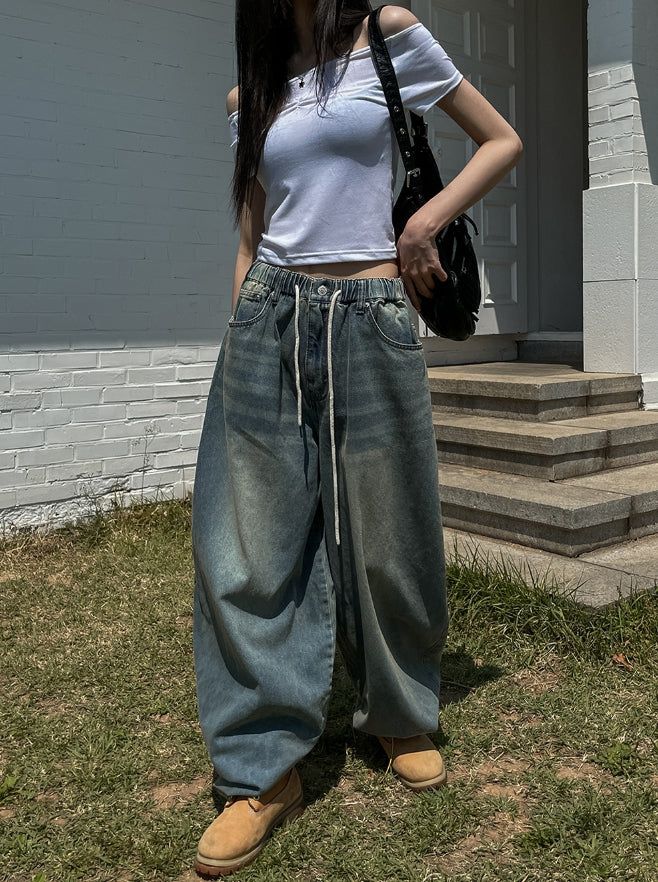 Fit String Banded Balloon Denim Pants