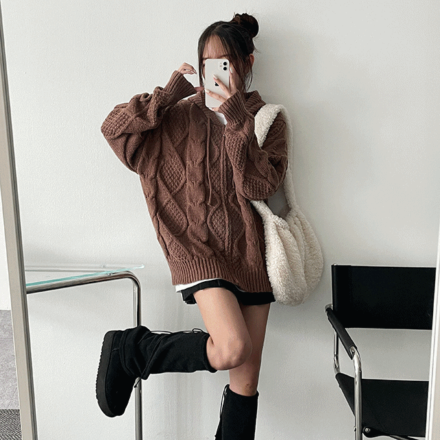 hijjoo（ハイチュー）の「Twi Pattern Twisted Knitted Hooded Zip-up（Tops）」
