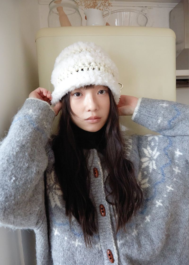 Stripe Fur Beanie - Cream