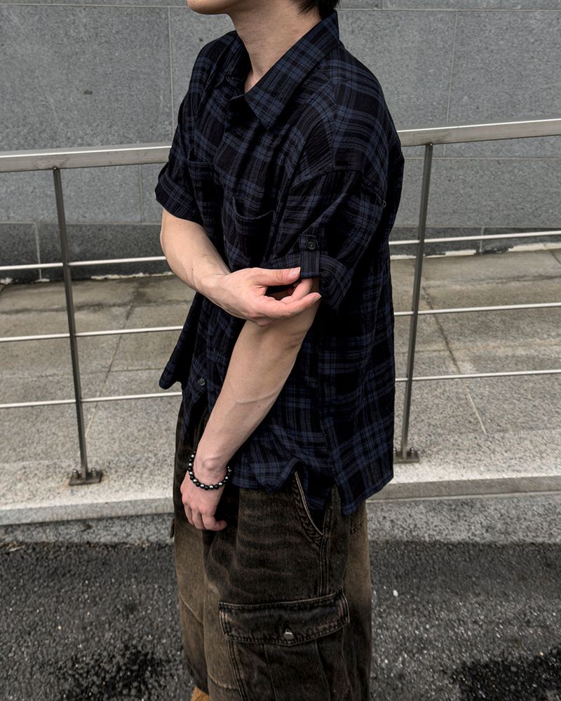 Embossed Texture Check Roll-Up Shirt