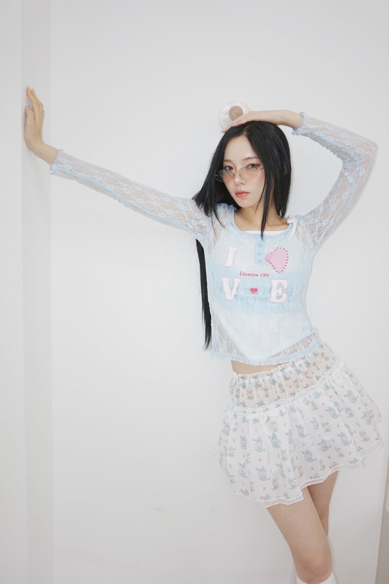 Cat chiffon banding flare mini skirt