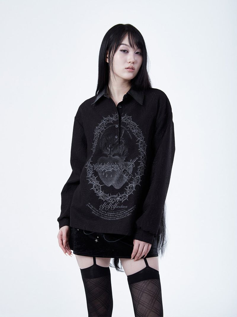 JACQUARD LEATHER COLLAR SHIRTS [BLACK]