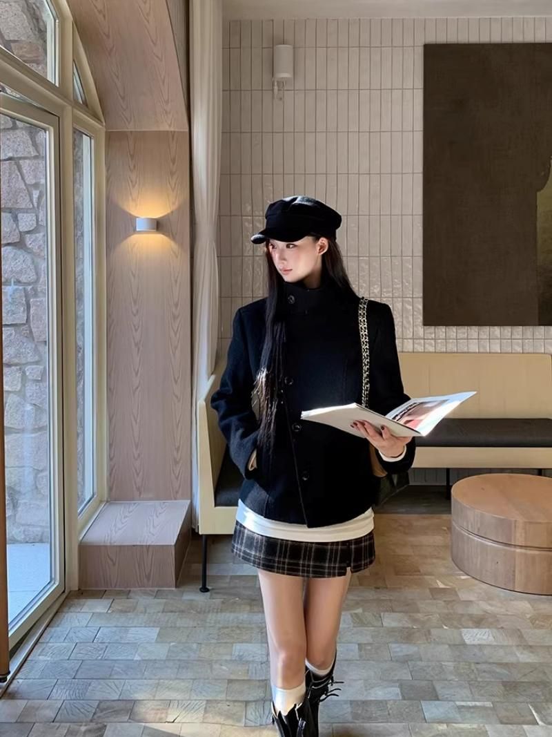 Royal black high-neck wool jacket