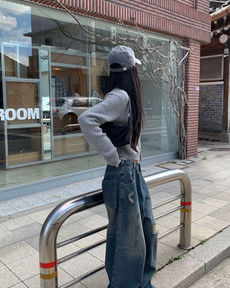 (Unisex) ボタンダメージデニムパンツ