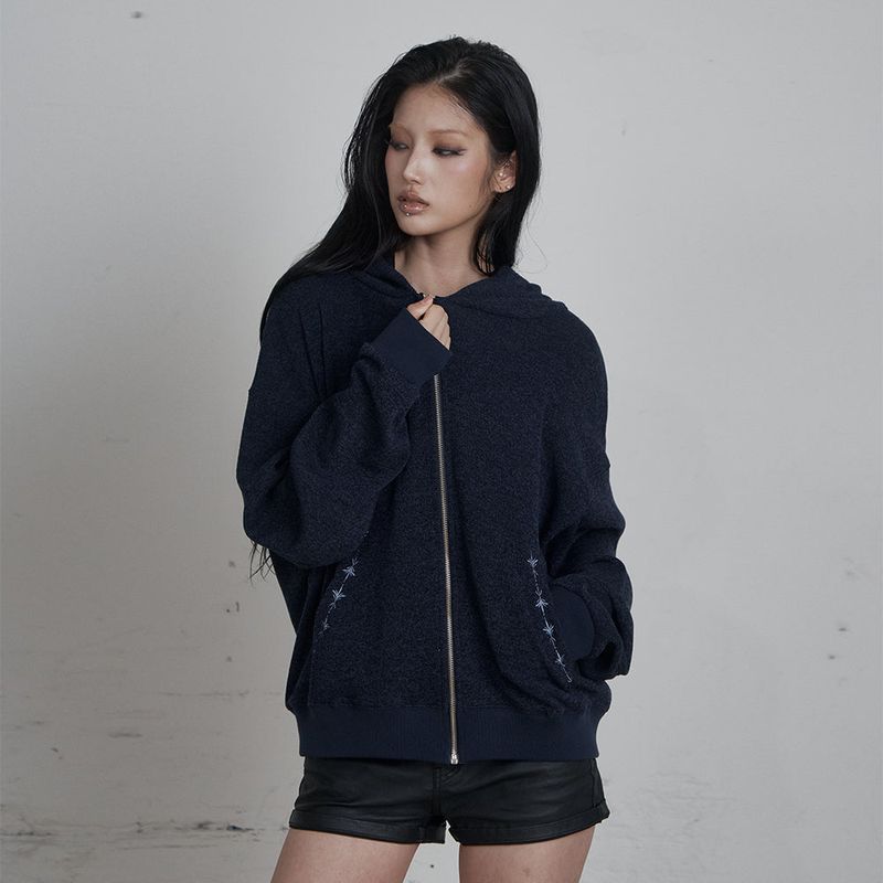 C HOODED KNIT ZIP-UP_NAVY