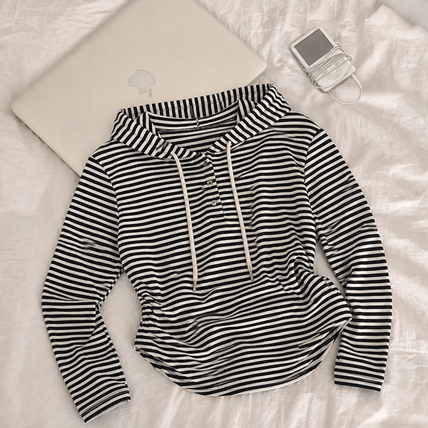hijjoo（ハイチュー）の「Striped Long Sleeve Henry Neck Hoodie, Ribbed Shirring Hoodie (4 colors)（Tops）」