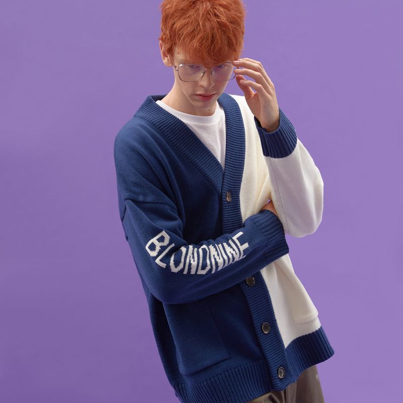 INTARSIA HALF HALF KNIT CARDIGAN_DARK BLUE