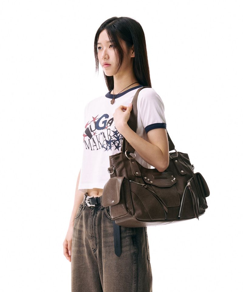 Studded Leather Shoulder Bag (Brown)