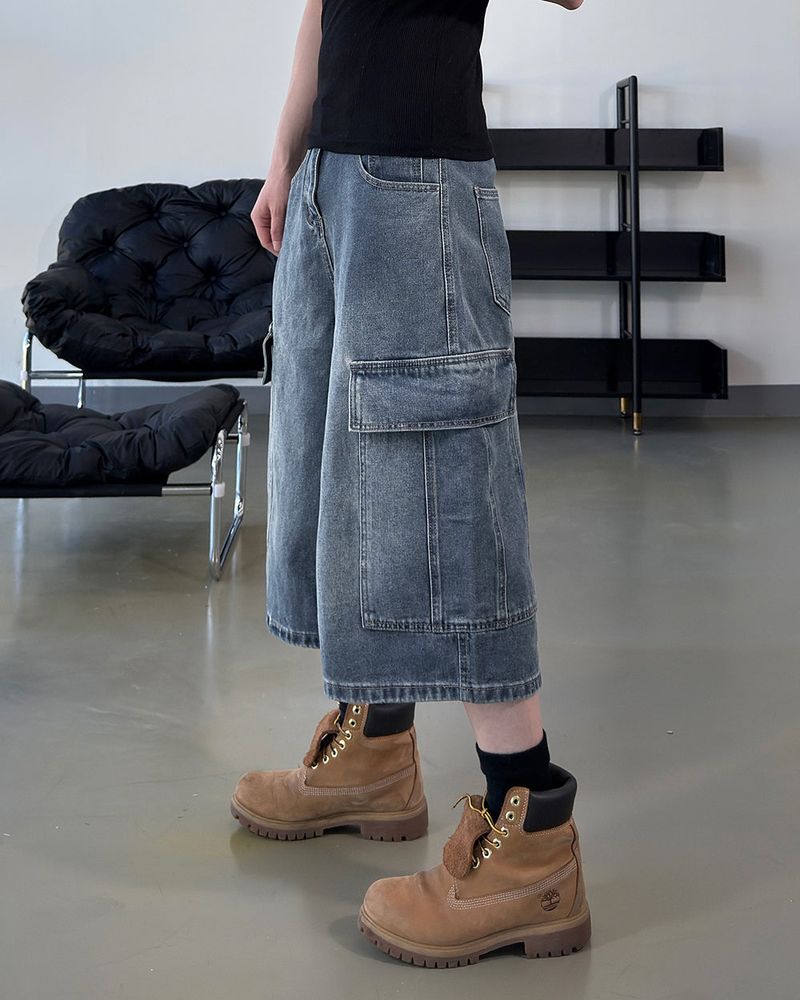 Kazen Washed Cargo Bermuda Denim Pants