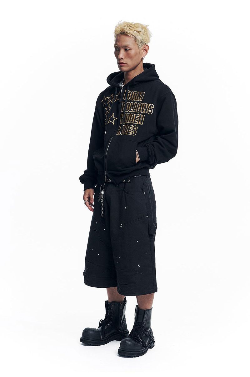Star Lettering Patch Hoodie Zip-Up - Black