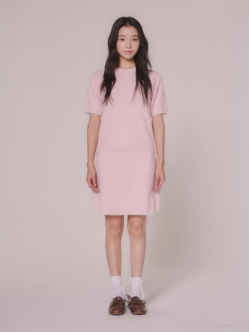 mellotory（メロートリー）の「LINE BOUCLE KNIT SHORT-SLEEVED TOP (LIGHT PINK)（Tops）」