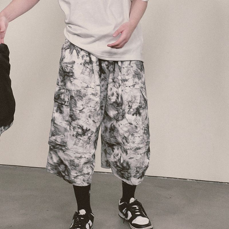 tiedye capri cargo shorts_white