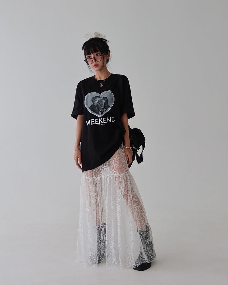 lace see-through flare layered maxi long skirt