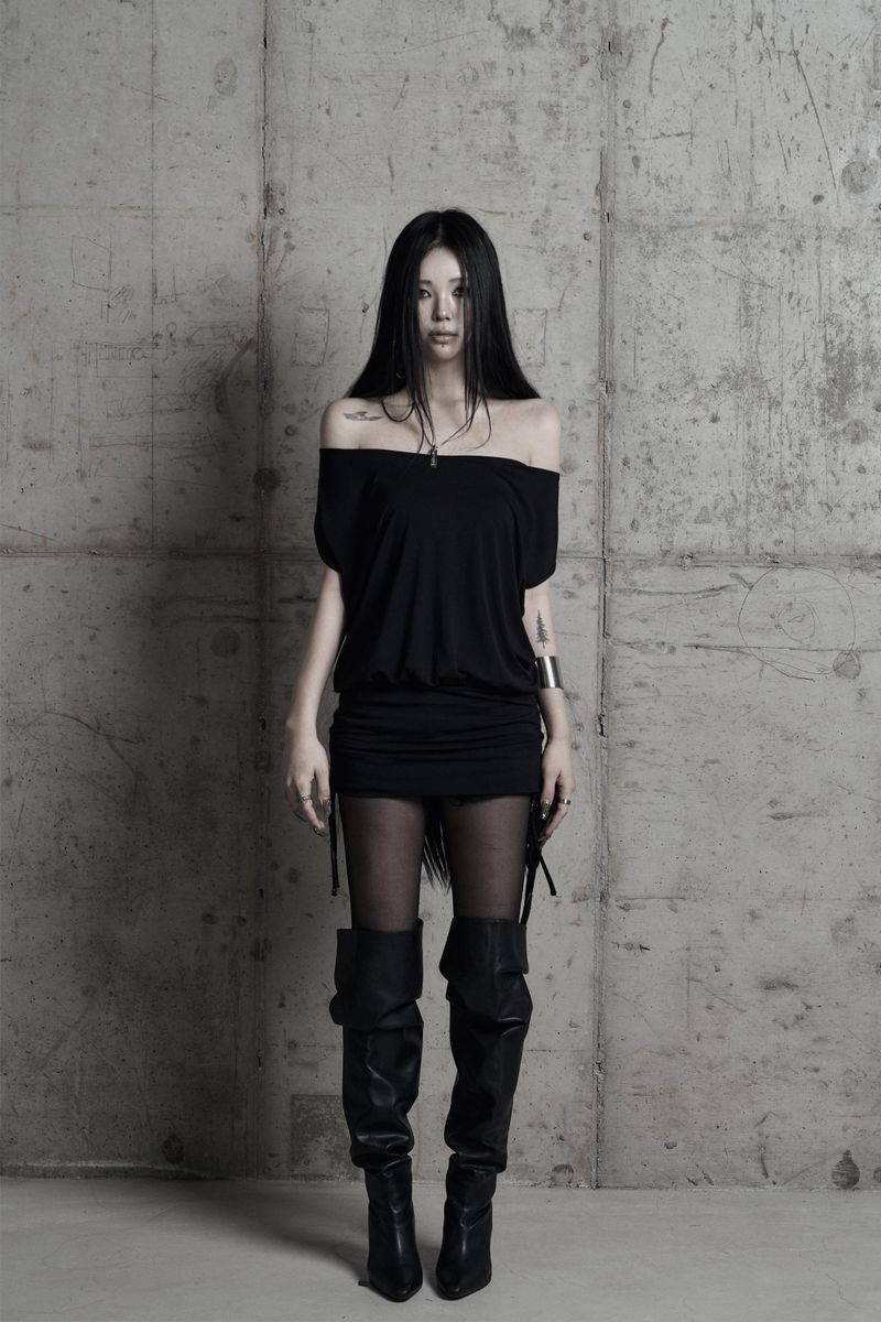 [label] cowl-neck side lace-up one-piece BLACK