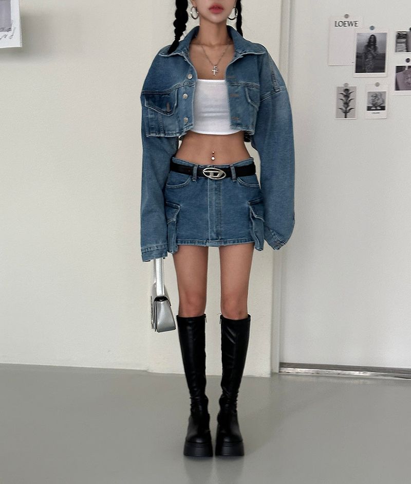 Wafer pocket cropped jean jacket