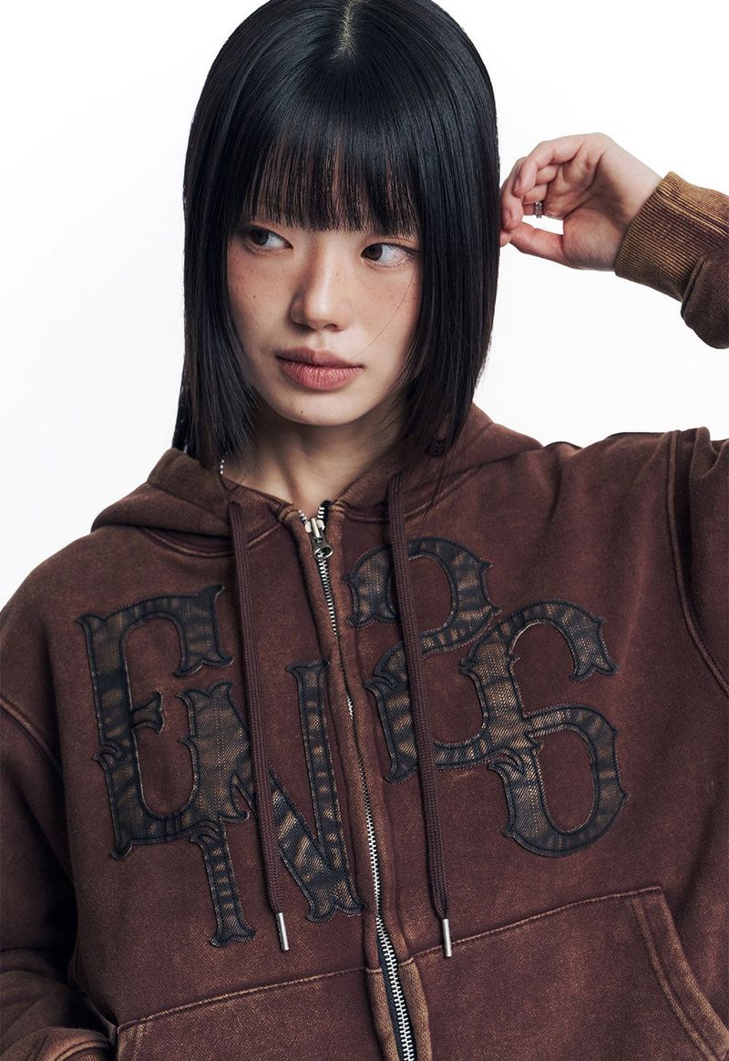 Washed Leather Patch Hooded Zip-Up - Brown